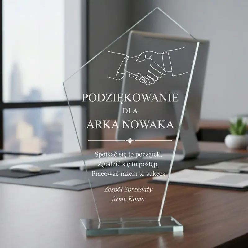 Szklana statuetka firmowa z grawerem, elegancka nagroda dla pracownika roku, gruby profil szkła