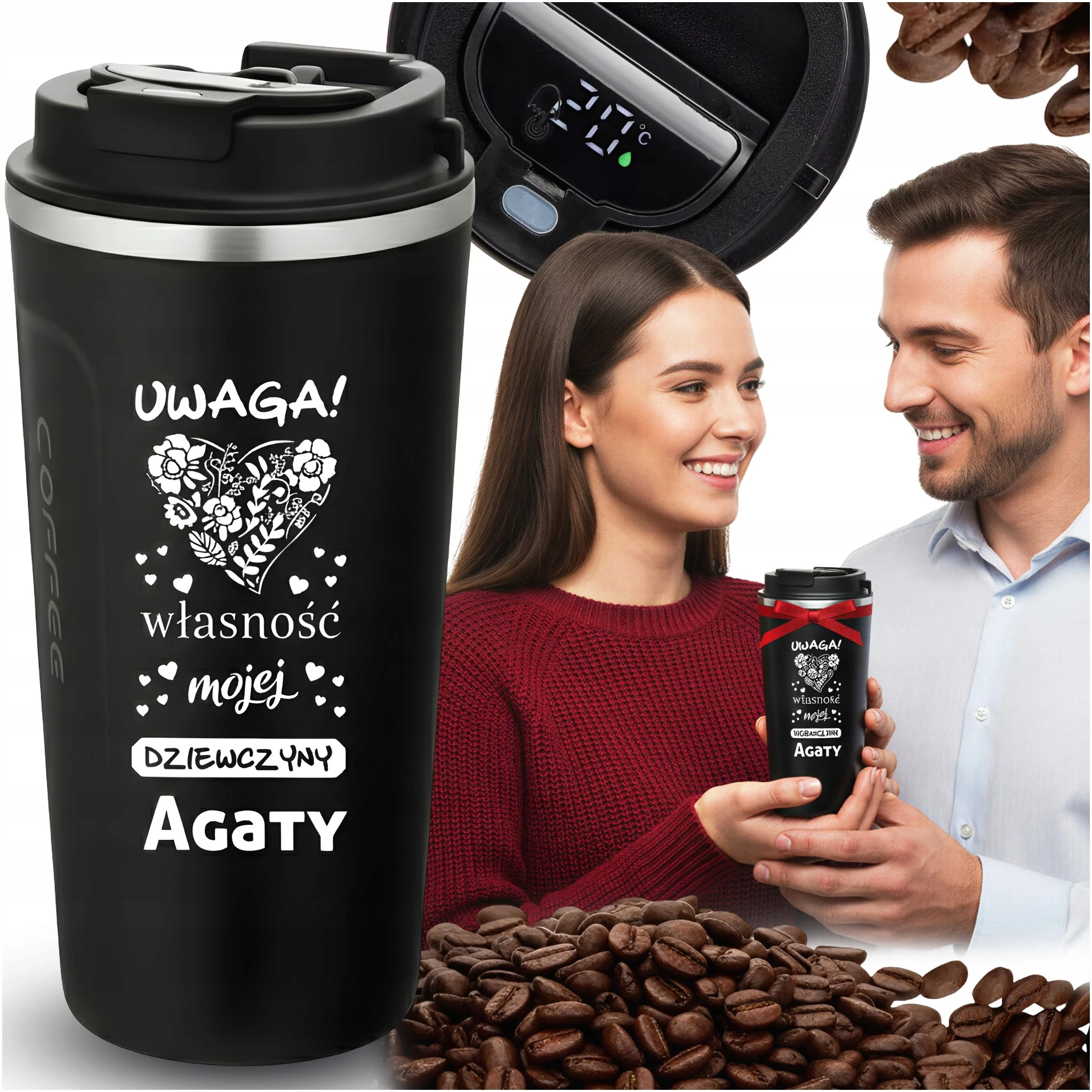 KUBEK TERMICZNY LED Z GRAWEREM PERSONALIZACJA PREZENT WALENTYNKI DLA NIEJ