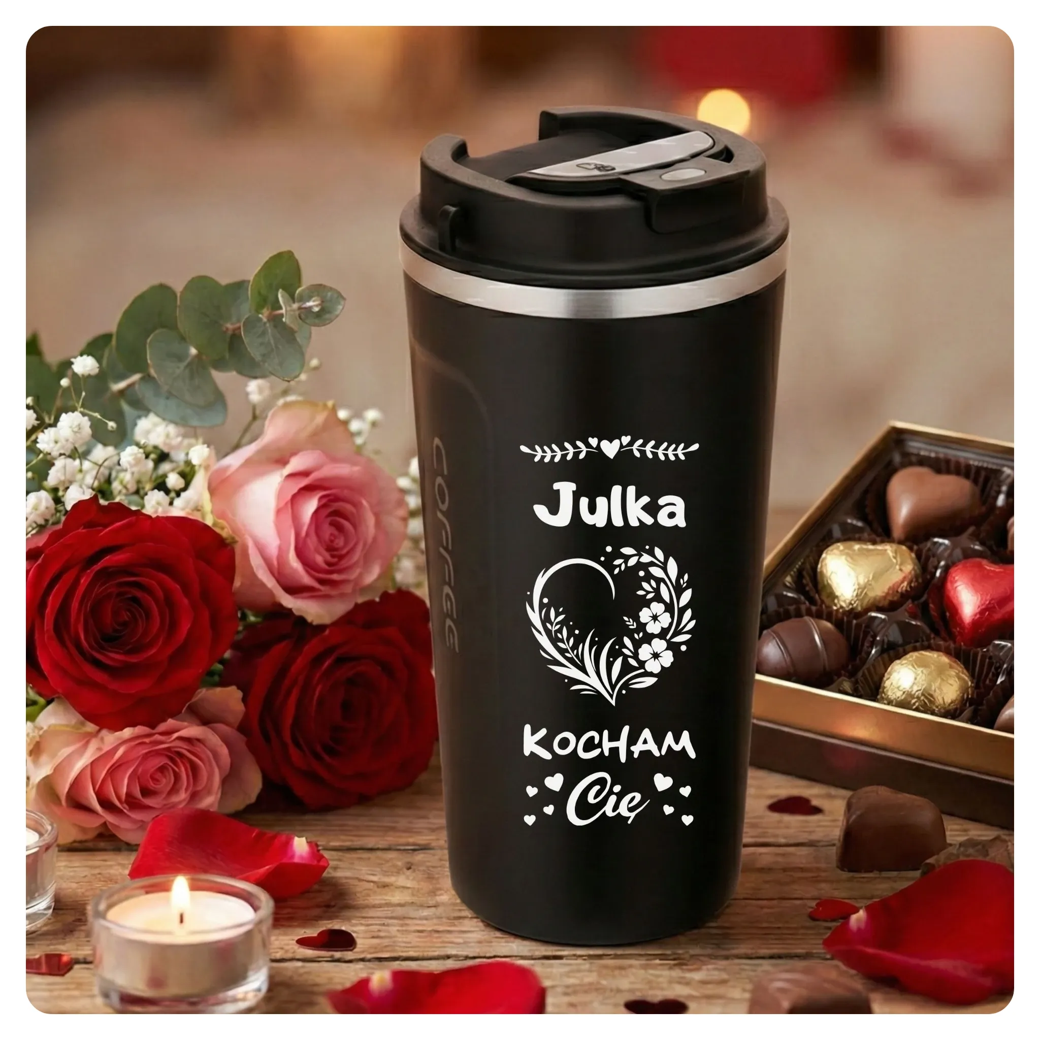 KUBEK TERMICZNY LED Z GRAWEREM PERSONALIZACJA PREZENT WALENTYNKI DLA NIEJ