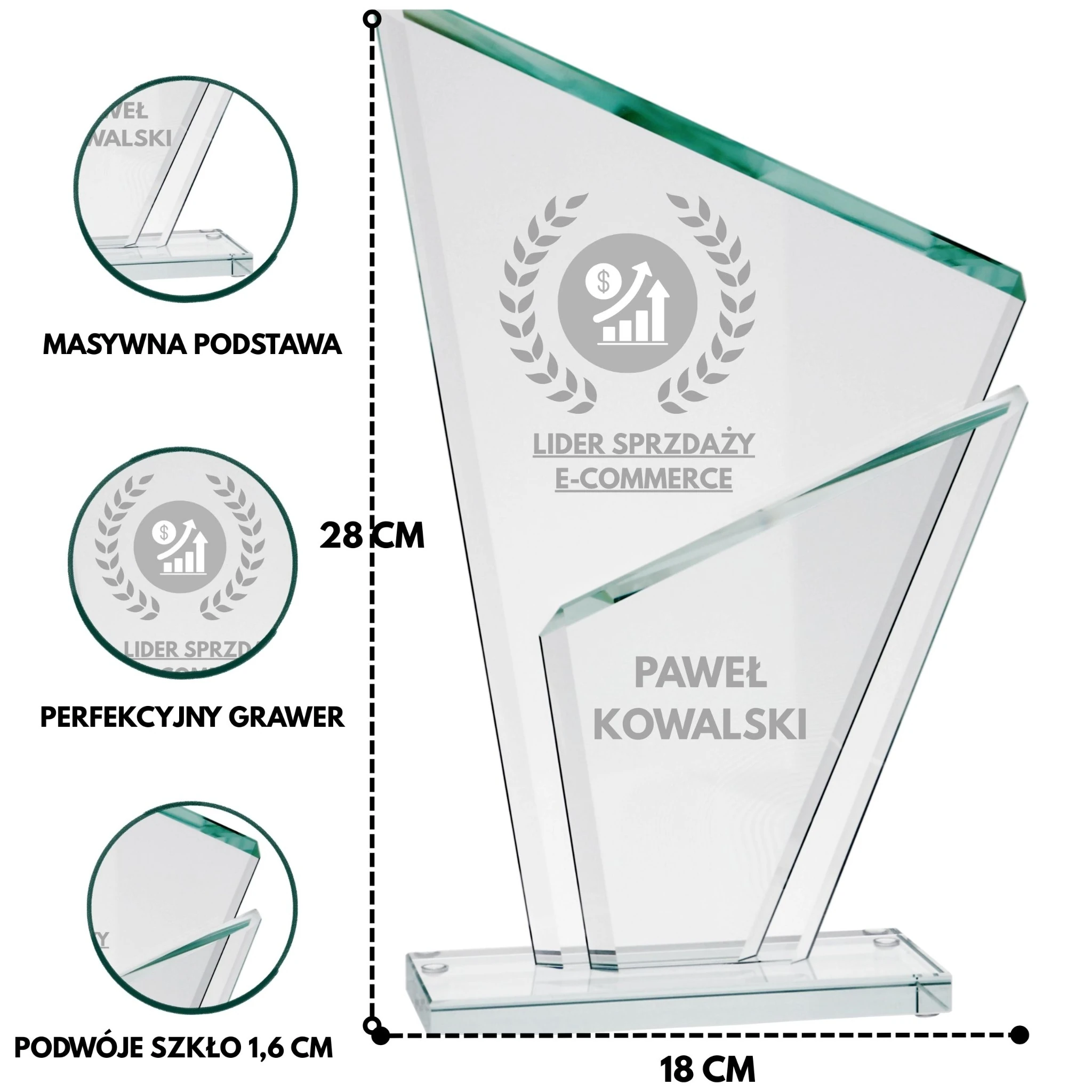 Masywna szklana statuetka z grawerem na galę biznesową nagroda jubileuszowa 28cm GS802-28